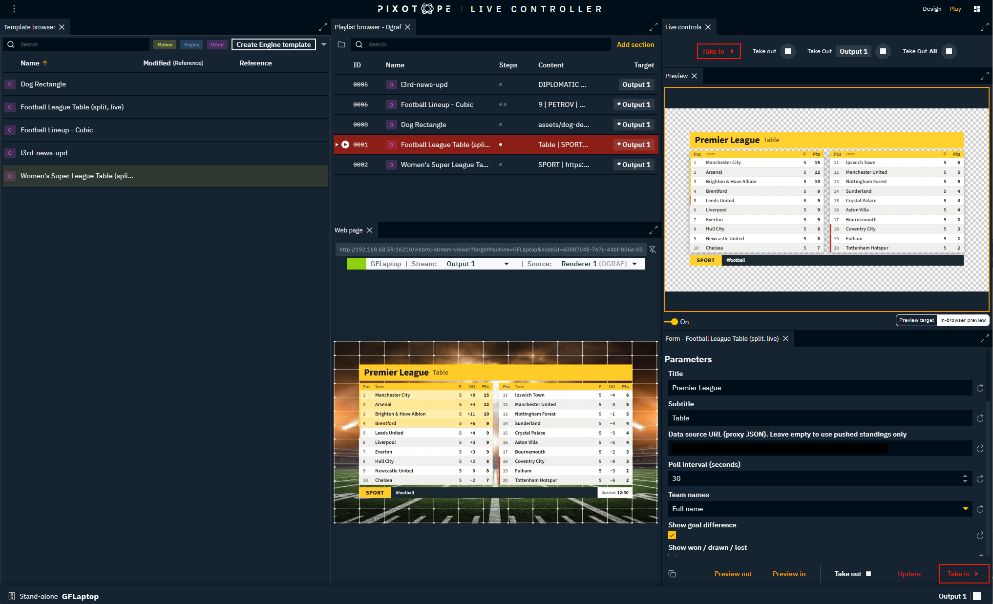 Image of a Football League Table in Pixotope Live Controller