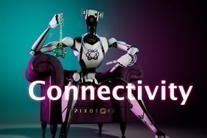 White robot sitting in a purple armchair and holding golden chain