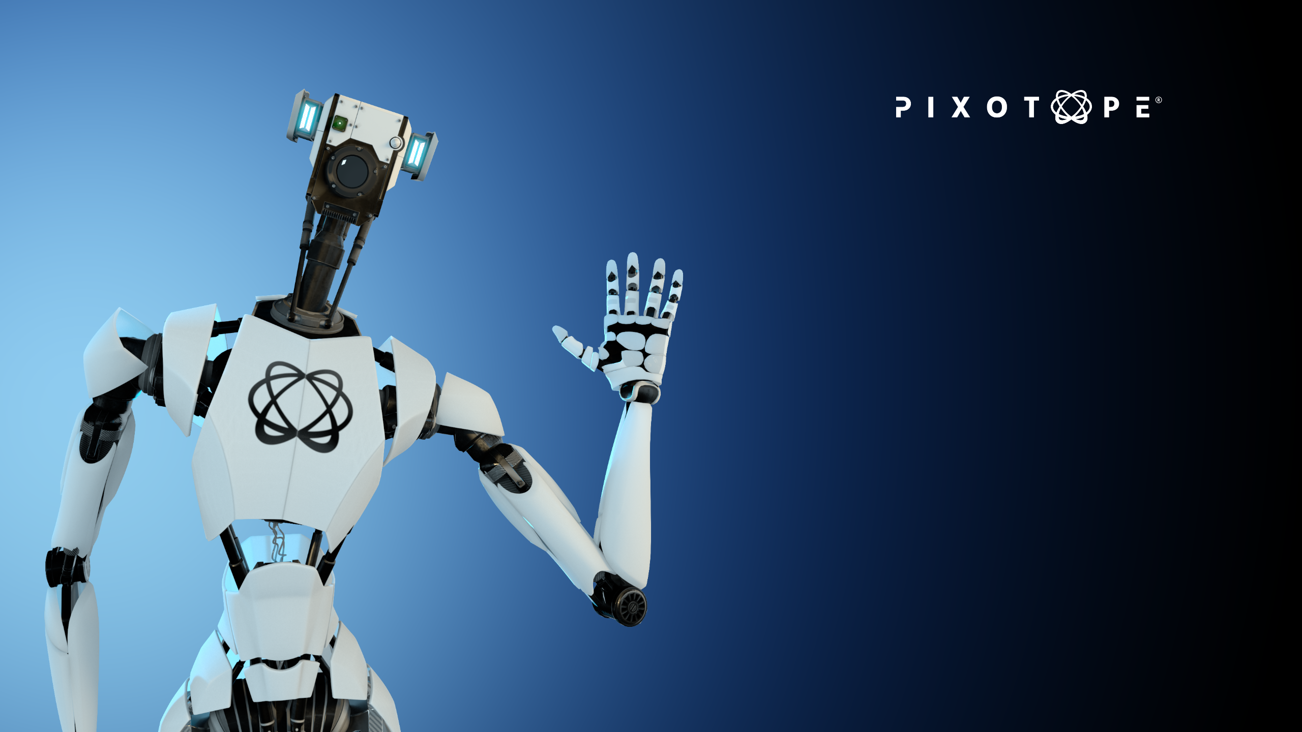 White humanoid with Pixotope logo on chest waving