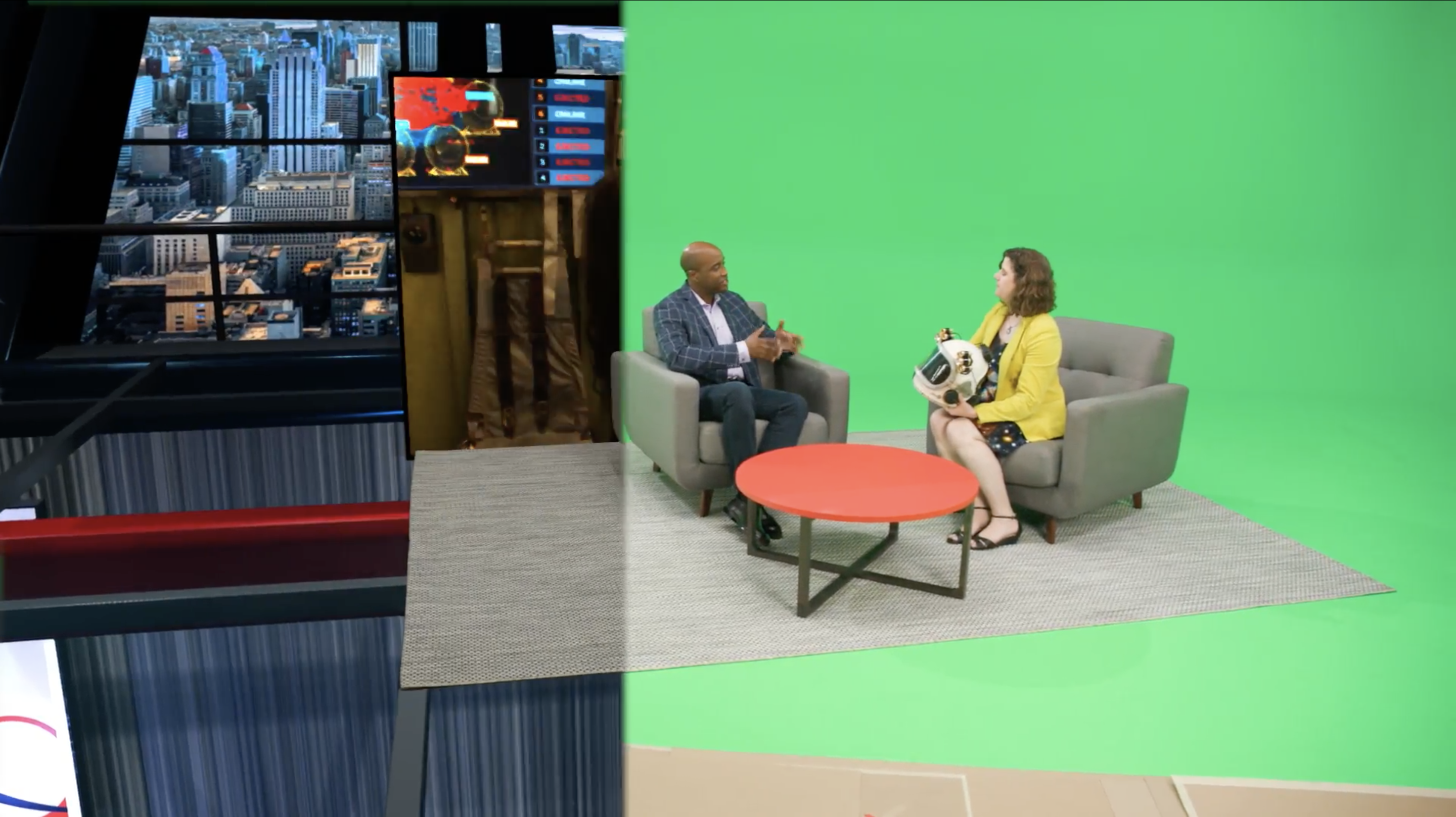 Two TV hosts siting in the virtual studio created by Butcher Bird studios using Pixotope solution