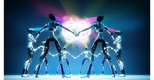 8 Pixotope robot mascots holding hands and creating Pixotope logo together