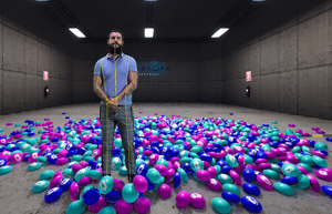 Man standing in virtual environment with skeletal map shown as overlay