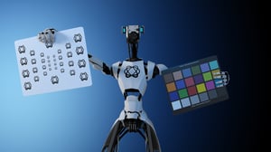 Pixotope Mascot Dot holding camera tracking boards