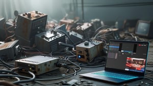 A pile of old broadcasting hardware on the floor 