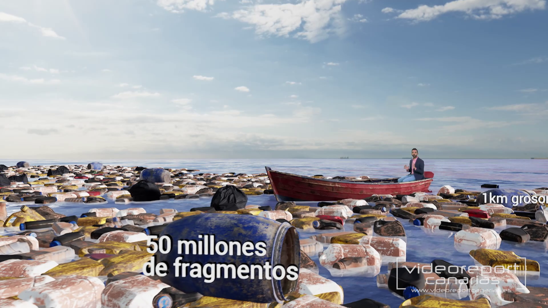 Moderator sitting in an AR made boat in the middle of the sea surrounded by plastic trash