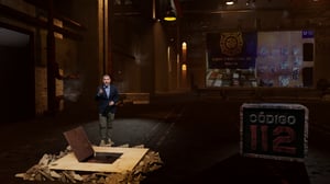 Moderator standing in the middle of a virtual studio created by Pixotope software