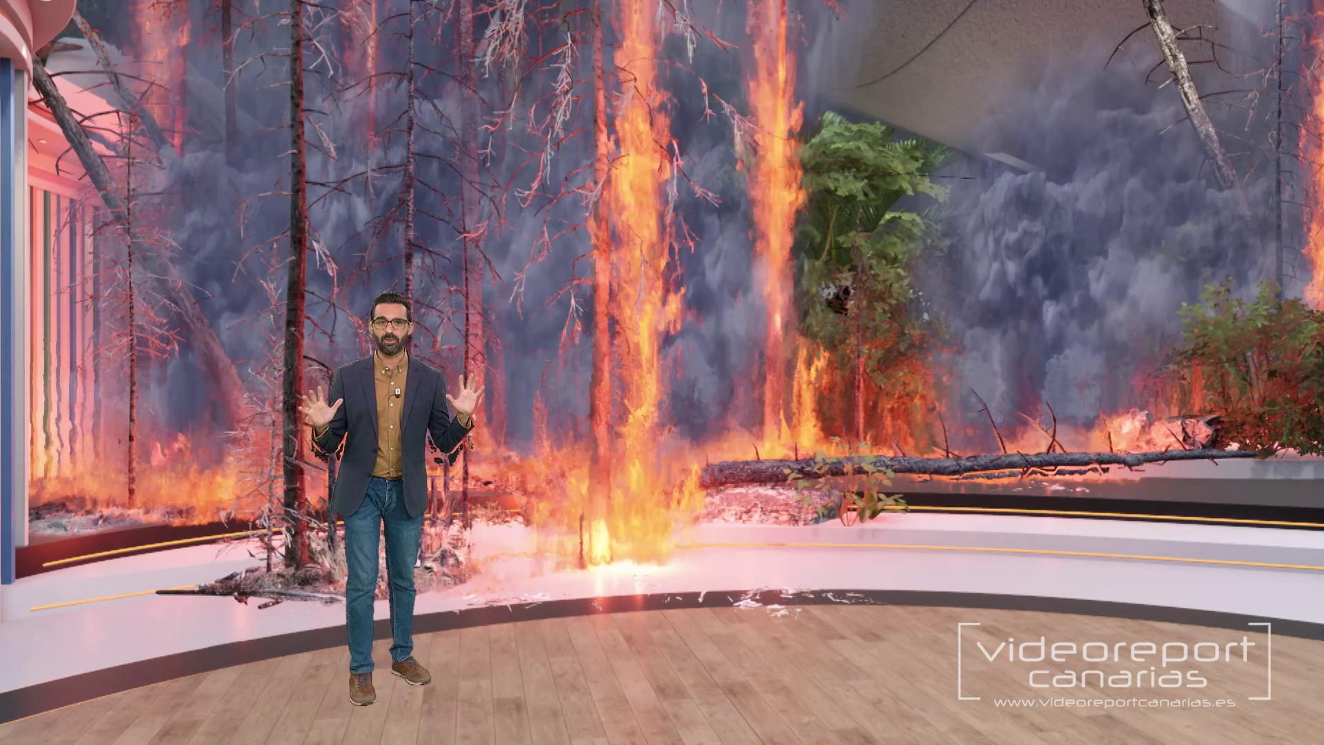 TV host standing in the virtual studio and forest fire behind him