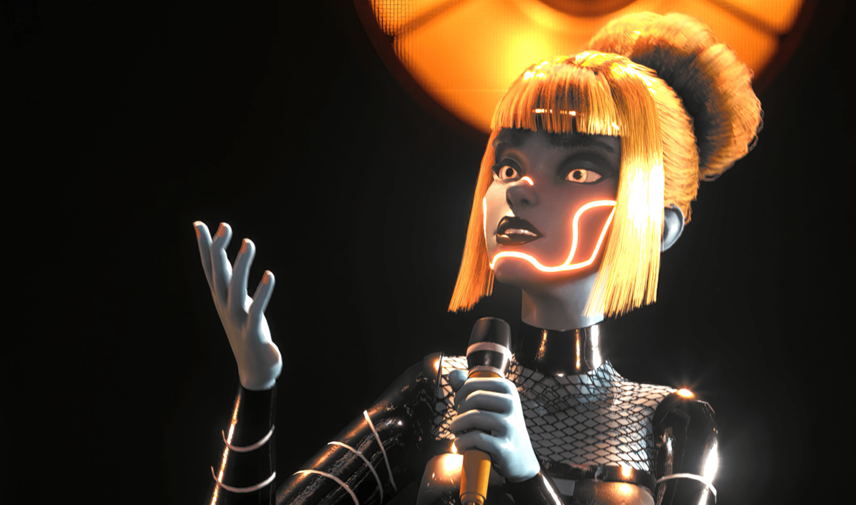 AR female avatar holding microphone and singing