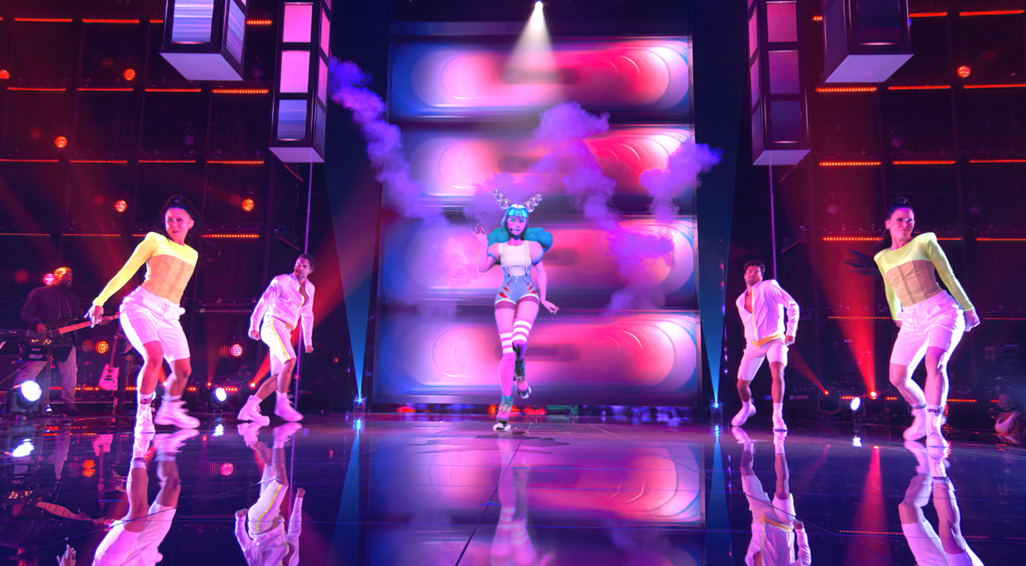 AR avatar Misty Rose created by Pixotope performing on stage AR avatar Misty Rose created by Pixotope performing on stage