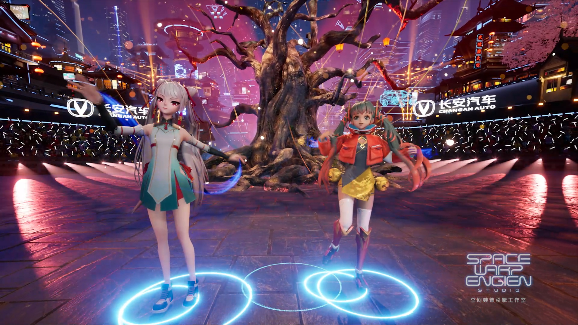 Two digital avatars from TV show 2060 dancing around a digital tree