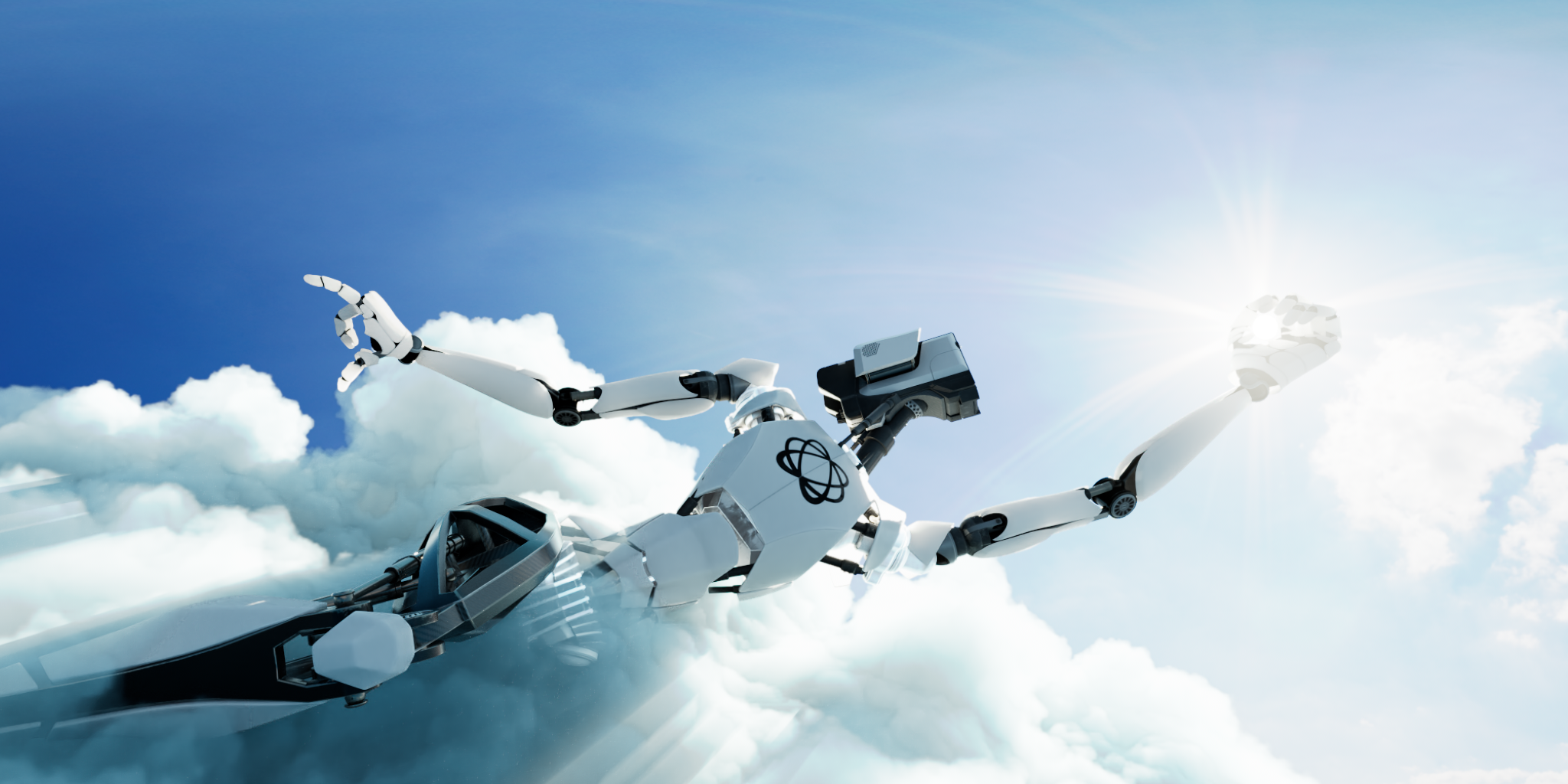 Pixotope robot mascot Dot flying through the clouds