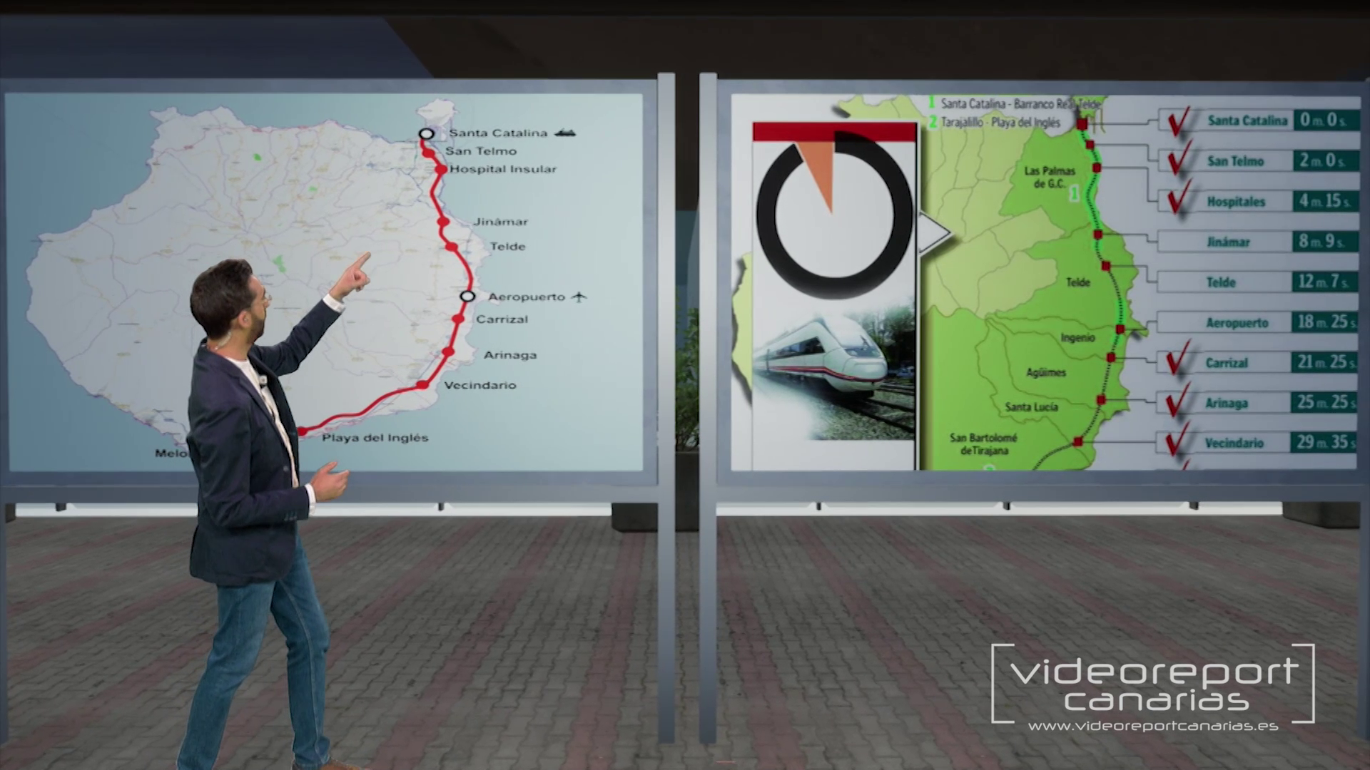 Host of primetime show poiting at virtual map of Canary Islands